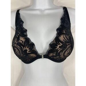 Adore Me Push Up Bra 34C Underwire Black Lace Lined Plunge Adjustable